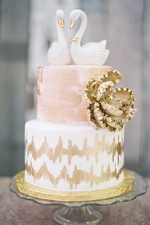 blush, gold and white wedding cake