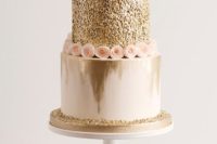 34 gold glitter cake with blush flowers