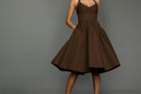 an over the knee brown bridesmaid dress with straps paired with yellow heels is a cool idea for a glam wedding