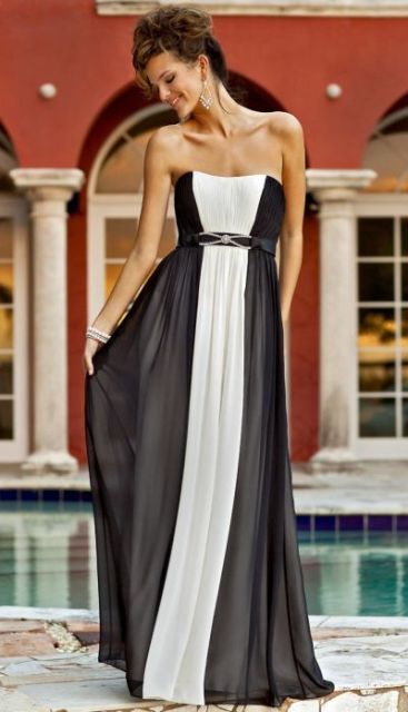 Black and white strapless maxi dress