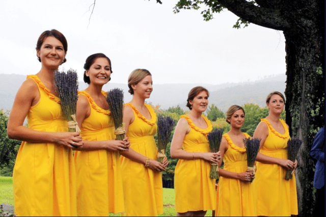 Canary yellow mini dresses with lavender bouquet