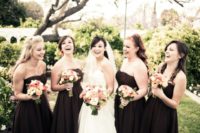 chic strapless and draped bridesmaid dresses are great for a fall or winter wedding, just add a cover up