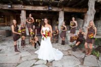 mismatching short brown bridesmaid dresses with cowboy boots for country theme weddings