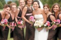 elegant matching brown midi bridesmaid dresses with V-necklines and pink sashes are a chic and elegant idea