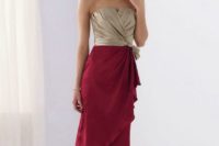Elegant red and champagne midi draped dress