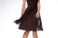 a strapless chiffon brown bridesmaid dress with lace up heels is a cool and catchy solution for fall and winter weddings