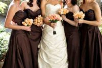 elegant strapless dark brown bridesmaid dresses with draped bodices are great for a formal wedding