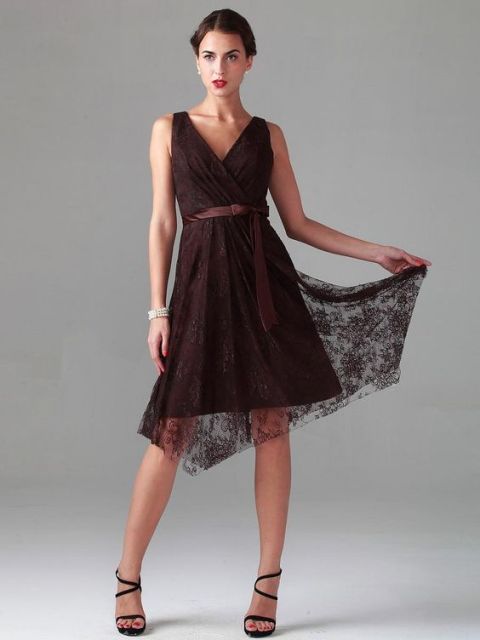 a lace knee-length V neckline bridesmaid dress paired with black shoes is a lovely idea for many weddings