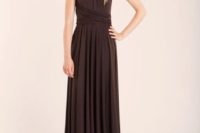 a one shoulder maxi pleated brown bridesmai dress with draping is a cool idea for a formal and refined wedding