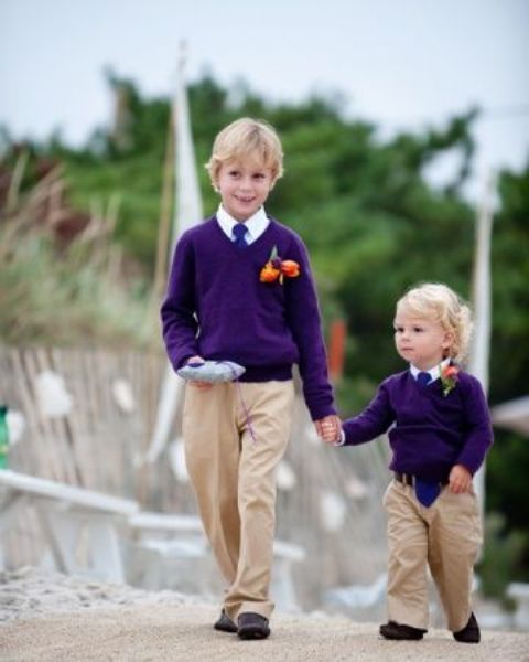 Outfit with purple sweater, white shirt, tie and beige pants