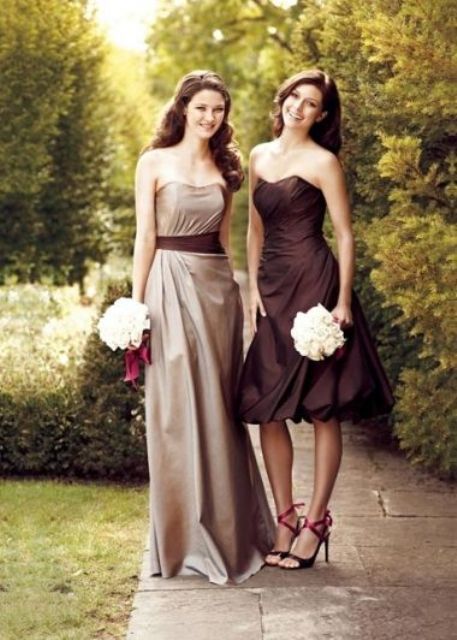 a strapless A-line draped knee-length dress with a full A-line skirt and heels for a glam and playful wedding