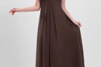 a strapless maxi chiffon brown bridesmaid dress with a draped bodice is a cool idea for a fall or winter wedding