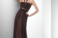 a stylish chocolate brown bridesmaid maxi dress with straps on the neck and some embellishments is adorable