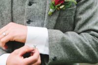 With tweed waistcoat, dark blue unique tie and red rose boutonniere