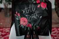 a beautiful black painted leather jacket with roses and studded shoes will add a bit of rock touch to your bridal look