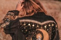 a black denim jacket with embroidery, coins, various applique is a lovely idea for a celestial bride