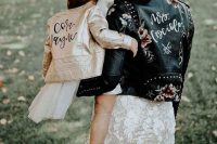 a black studded leather jacket with additional floral painting is a great idea for a fall or winter bridal look, it wows