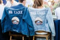 a bold and bleached blue denim jackets can be worn after the ceremony and then used to accent your chairs