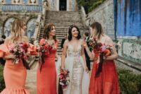 amazing and chic mismatching orange midi and maxi bridesmaid dresses are amazing for a colorful and refined wedding