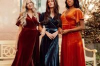 beautiful and bold jewel-tone bridesmaid velvet wrap midi dresses are amazing for rocking them at a fall wedding