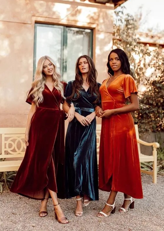 Beautiful and bold jewel tone bridesmaid velvet wrap midi dresses are amazing for rocking them at a fall wedding