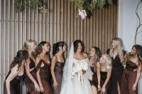 beautiful mismatching brown maxi bridesmaid dresses of darker and brighter shades for a formal wedding
