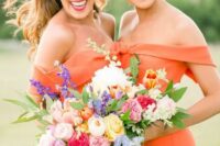 bold orange off the shoulder semi-fitting bridesmaid dresses and colorful bouquets for a bright summer wedding