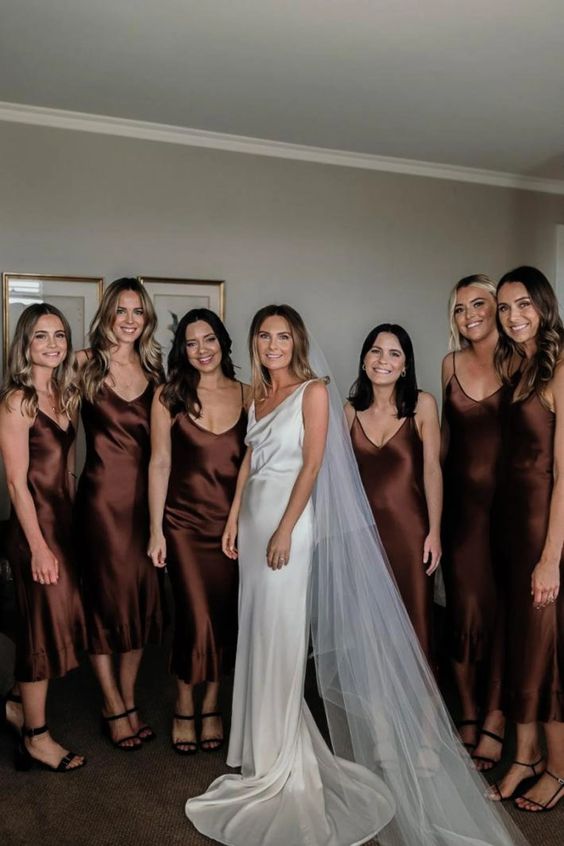 classy matching chocolate brown slip midi bridesmaid dresses are a timeless and stylish idea for the fall