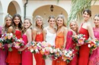 colorful bridesmaid maxi and midi dresses in pink, fuchsia, orange and red, with mismatching designs and looks are wow