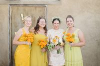 cool mismatched yellow and pale yellow plus zesty yellow bridesmaid dresses for a colorful summer wedding