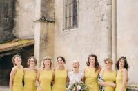 elegant sleeveless yellow sheath bridesmaid dresses with side slits are pure elegance and modern chic