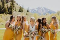 fab bold yellow mismatched bridesmaid dresses of various lengths for a summer or fall wedding