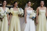formal mismatching pale yellow maxi bridesmaid dresses are a cool and chic solution for a spring or summer wedding