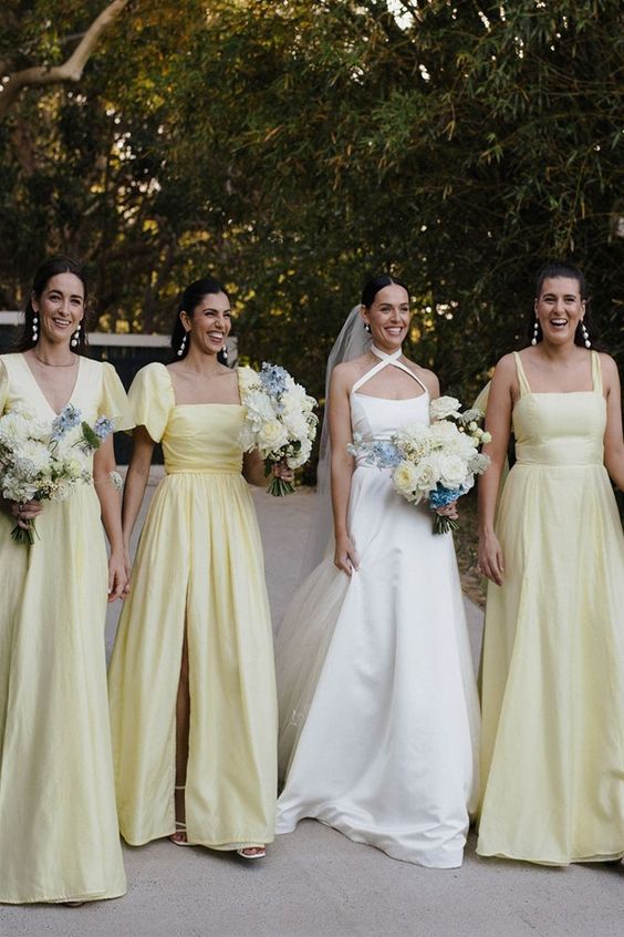 formal mismatching pale yellow maxi bridesmaid dresses are a cool and chic solution for a spring or summer wedding
