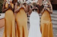 gorgeous gold midi slip bridesmaid dresses including a high low one is a cool idea for a summer or fall wedding