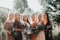 grey, black, brown, orange and blush maxi bridesmaid dresses for a catchy fall boho wedding