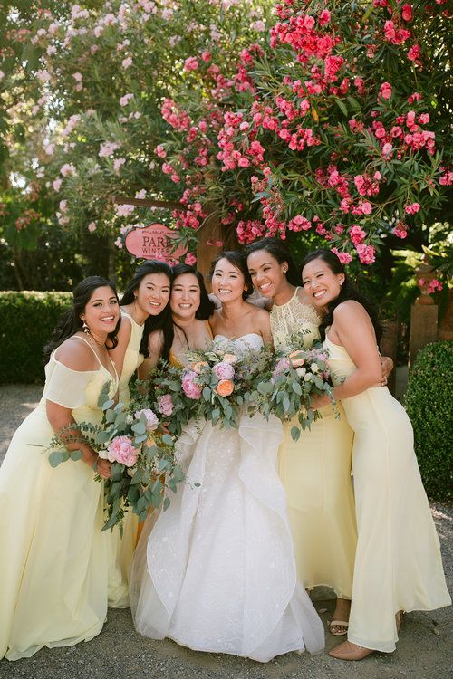 lovely mismatched pale yellow maxi bridesmaid dresses are perfect for a bright spring or summer wedding