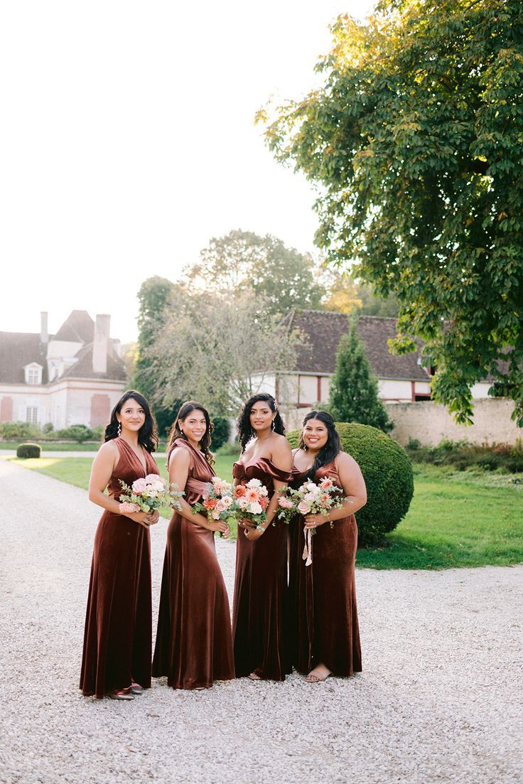 lovely mismatching brown velvet maxi bridesmaid dresses are amazing for a formal fall or winter wedding