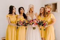 lovely mismatching ruffle yellow bridesmaid dresses, red jewelry and shoes for a bold and catchy summer wedding