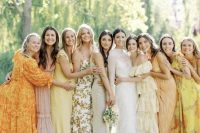 lovely mismatching yellow, marigold and blush bridesmaid dresses with various prints and detailing are amazing