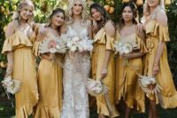 lovely off the shoulder yellow midi bridesmaid dresses with ruffles are perfect for a boho wedding