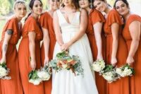 matching burnt orange maxi bridesmaid dresses with short ruffle sleeves are a pretty solution for a fall wedding in bright shades