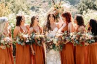 matching maxi burnt orange bridesmaid dresses with straps are amazing for a summer wedding