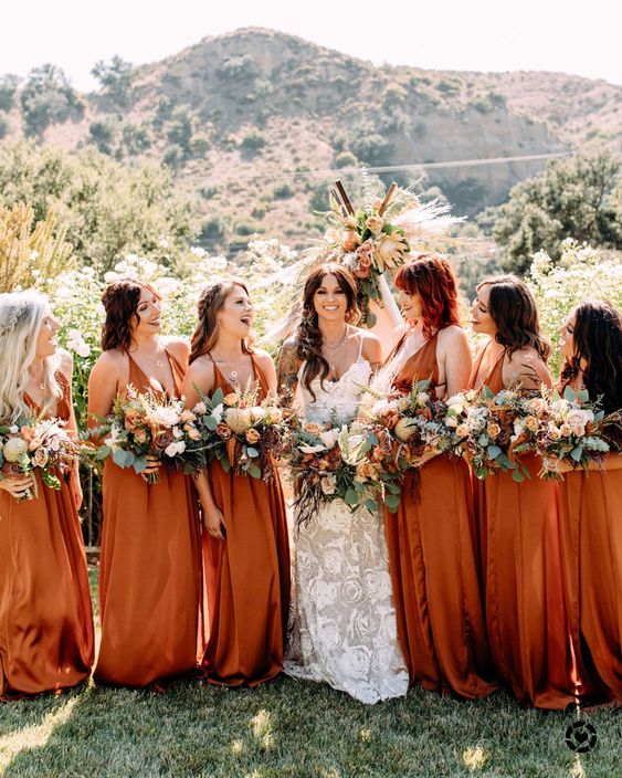 matching maxi burnt orange bridesmaid dresses with straps are amazing for a summer wedding
