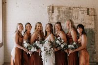 matching slip amber and brown maxi bridesmaid dresses are great for a summer or fall wedding