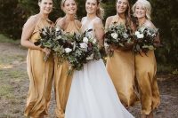 matching yellow halter neck midi bridesmaid dresses with white strappy shoes are a cool idea for a summer wedding
