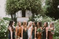 midi slip bridesmaid dresses in fall shades – amber, dark green, brown for a chic and stylish fall wedding