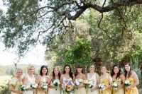 mismatching bold and pale yellow midi and maxi bridesmaid dresses with and without prints are cool for summer