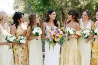 mismatching bright and pale yellow maxi bridesmaid dresses with and without prints are amazing for spring or summer