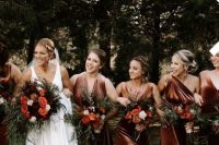 mismatching brown velvet maxi bridesmaid dresses are a great idea for a bold fall wedding